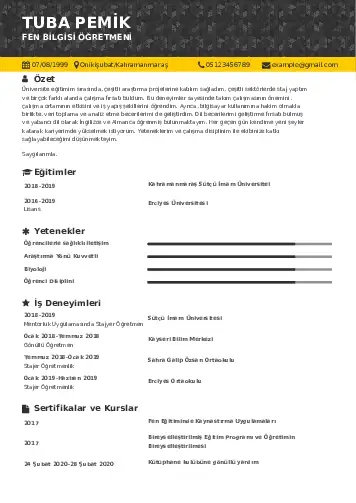 Fen Bilgisi Öğretmeni CV Örnekleri cv indir